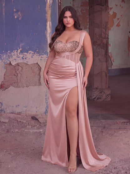 Plus Asymmetrical Neck Split Thigh Satin Mermaid Dress Evening Dress