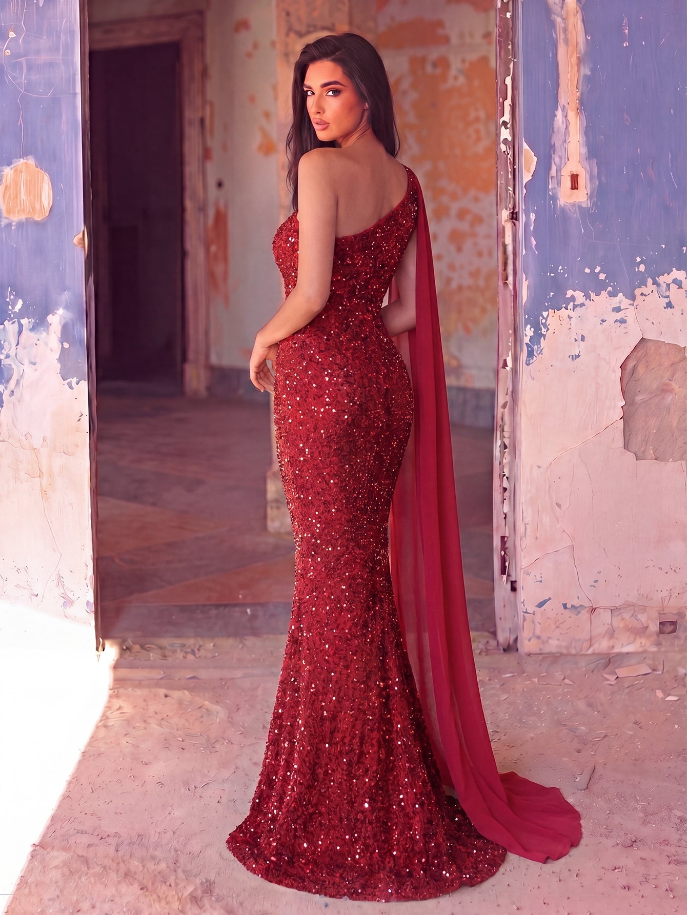 Elegant Sequin One Shoulder Sash Prom Dresses
