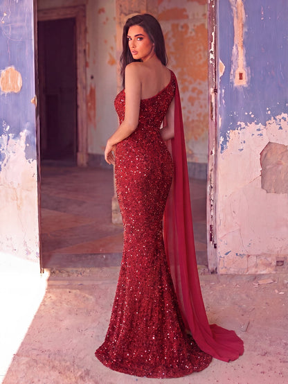 Elegant Sequin One Shoulder Sash Prom Dresses