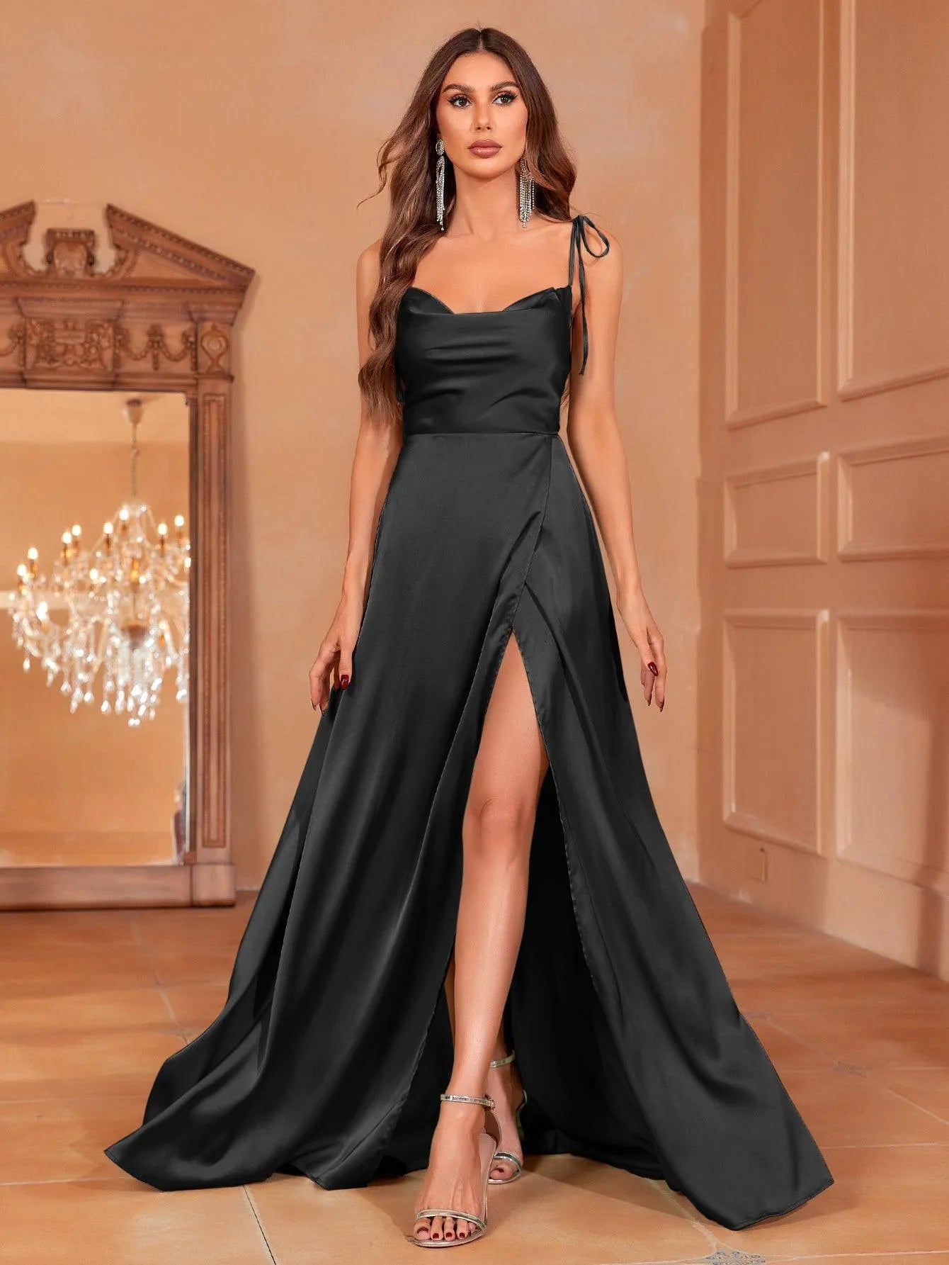 Elegant Tie Shoulder Satin Bridesmaid Dress – view 31