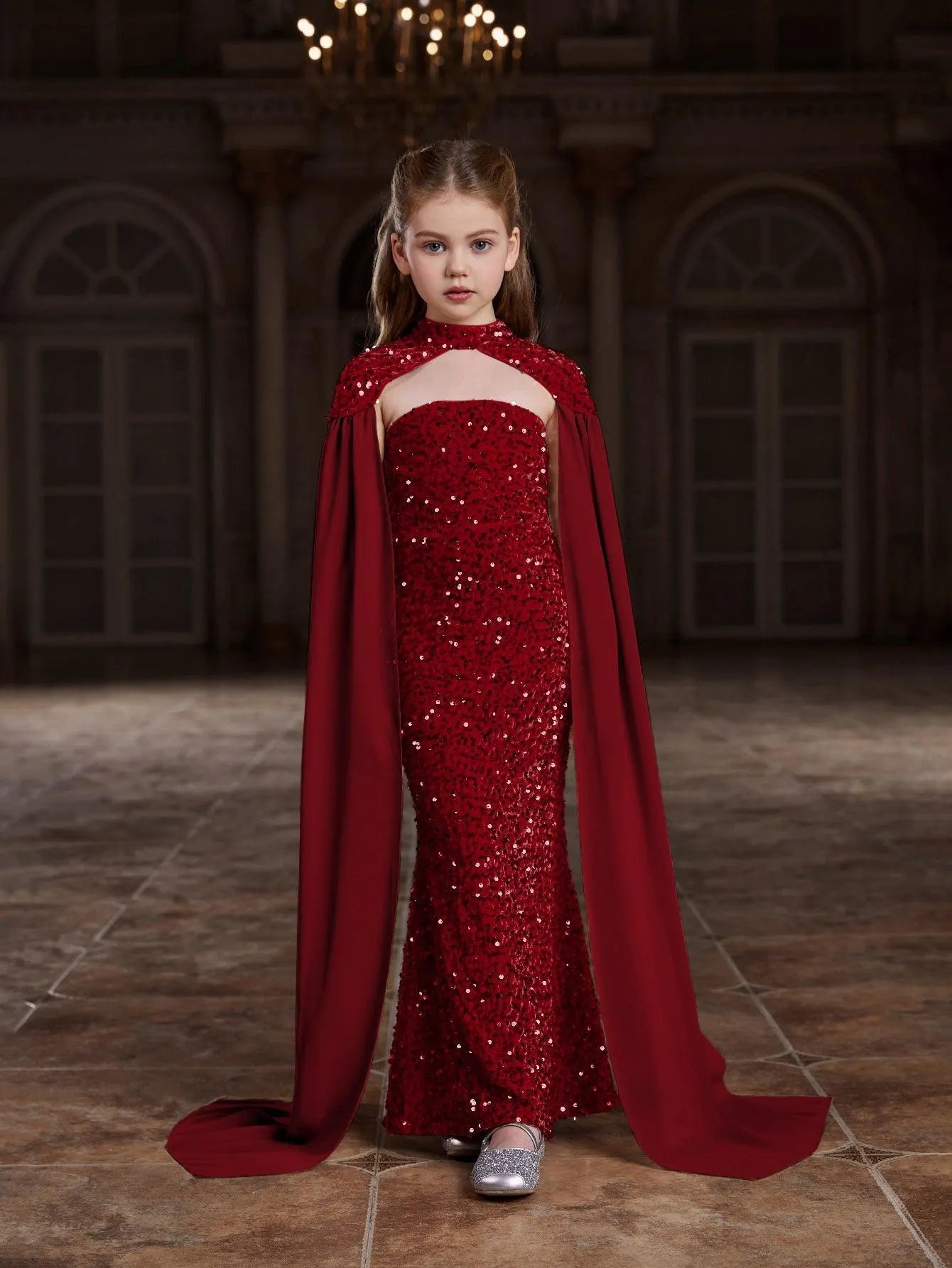 Alternate view of Strapless Sequin Mermaid Sleeveless Maxi Tween Girls' Party Dress in Burgundy