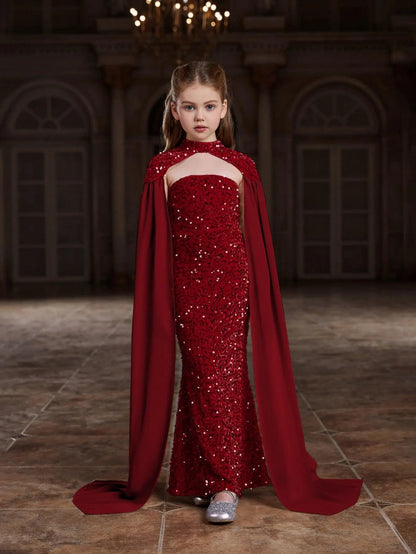 Alternate view of Strapless Sequin Mermaid Sleeveless Maxi Tween Girls' Party Dress in Burgundy