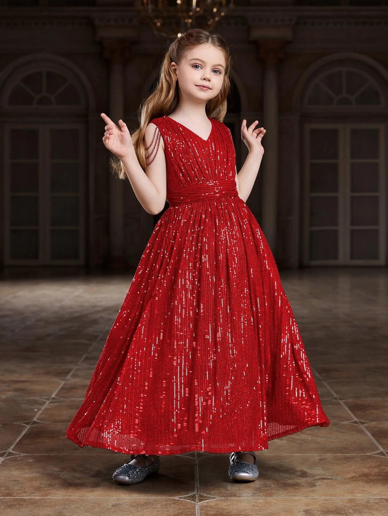 Alternate view of V-Neck Sequin A-Line Sleeveless Maxi Tween Girls' Party Dress in Red