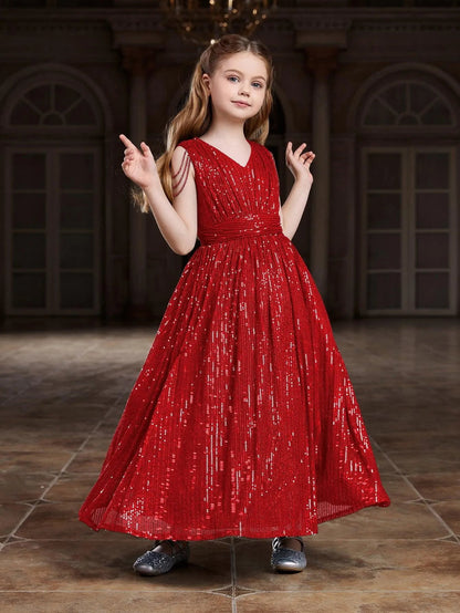 Alternate view of V-Neck Sequin A-Line Sleeveless Maxi Tween Girls' Party Dress in Red