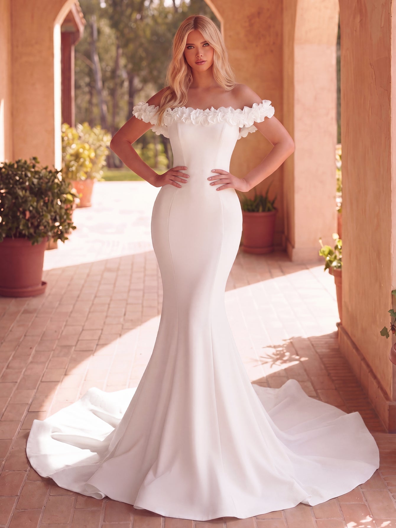 Ruffle Trim Mermaid Hem Knit Off-Shoulder Short-Sleeve Wedding Dress in White
