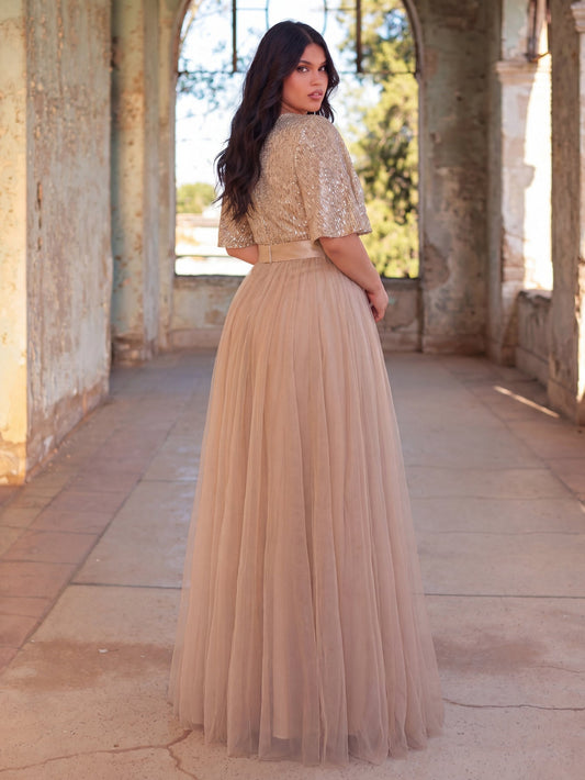 Plus-Size V-Neck Sequin Short-Sleeve A-Line Evening Gown — authorized product image 2