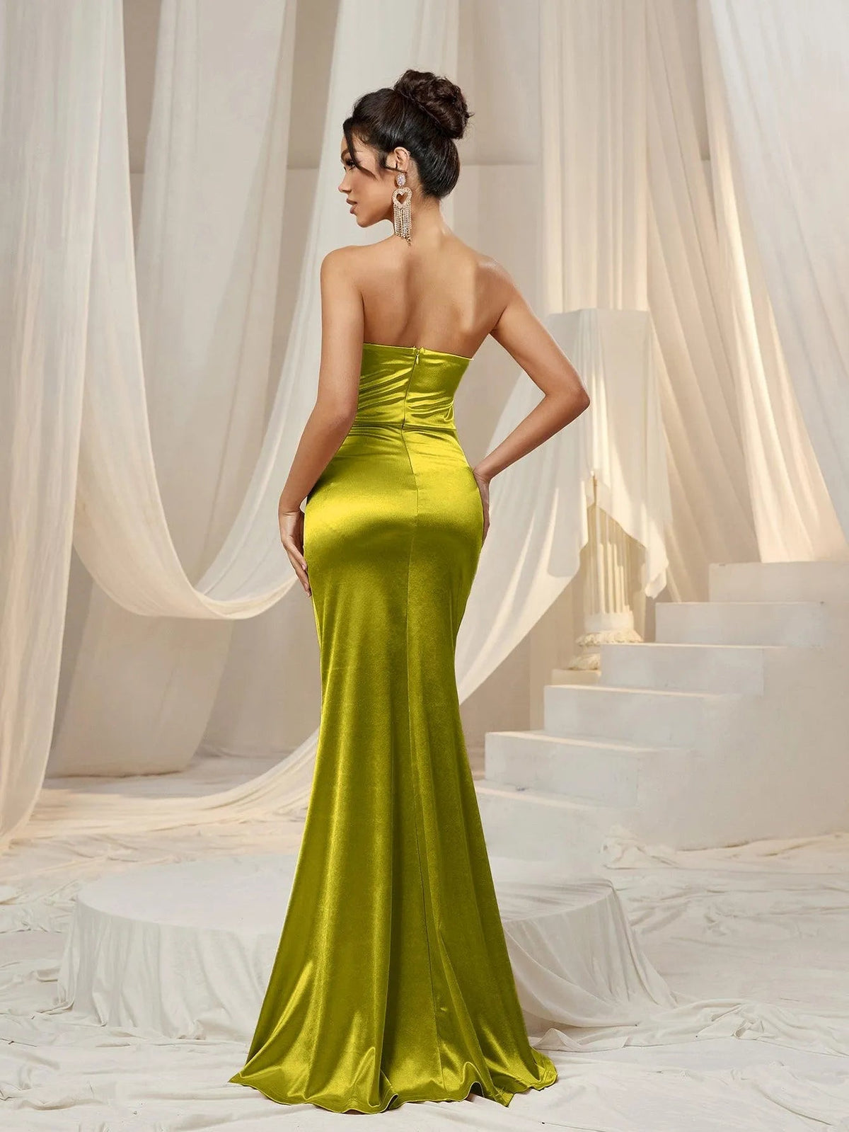 Additional product view of Ruched Wrap Mermaid Hem Strapless Satin High-Slit Evening Gown