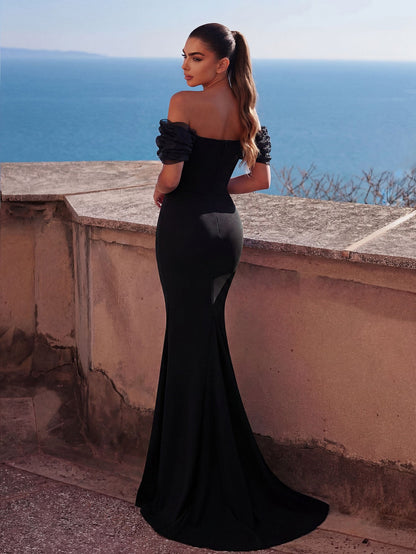 Additional product view of Mermaid Hem Knit Off-Shoulder Short-Sleeve Maxi Wedding Dress