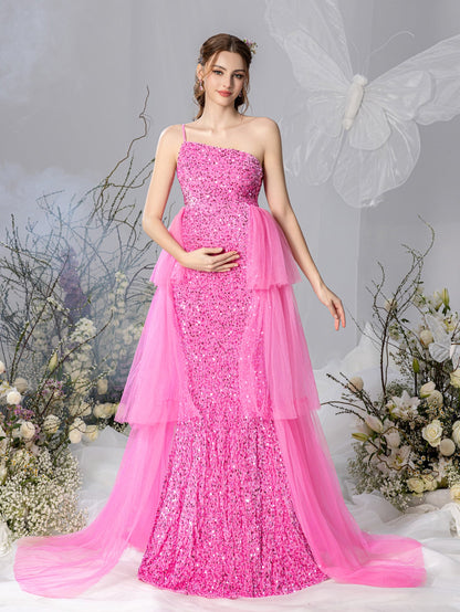 Maternity One-Shoulder Layered Mesh Overlay Sequin Party Dress – view 4
