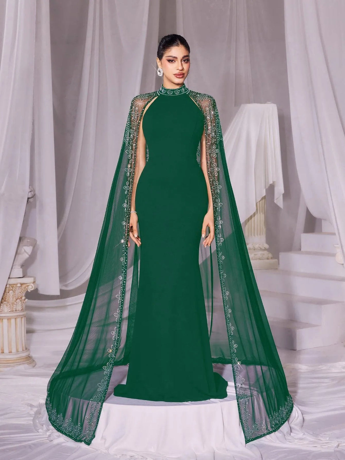 Additional view of Rhinestone Detail Mock Neck Mermaid Hem Formal Cape Evening Dress