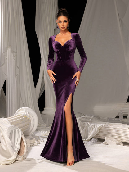 Elegant Velvet Evening Gown – Sweetheart Neckline and Thigh-High Slit, Luxury Dress for Glamorous Evening Wear, XS-XL – view 9