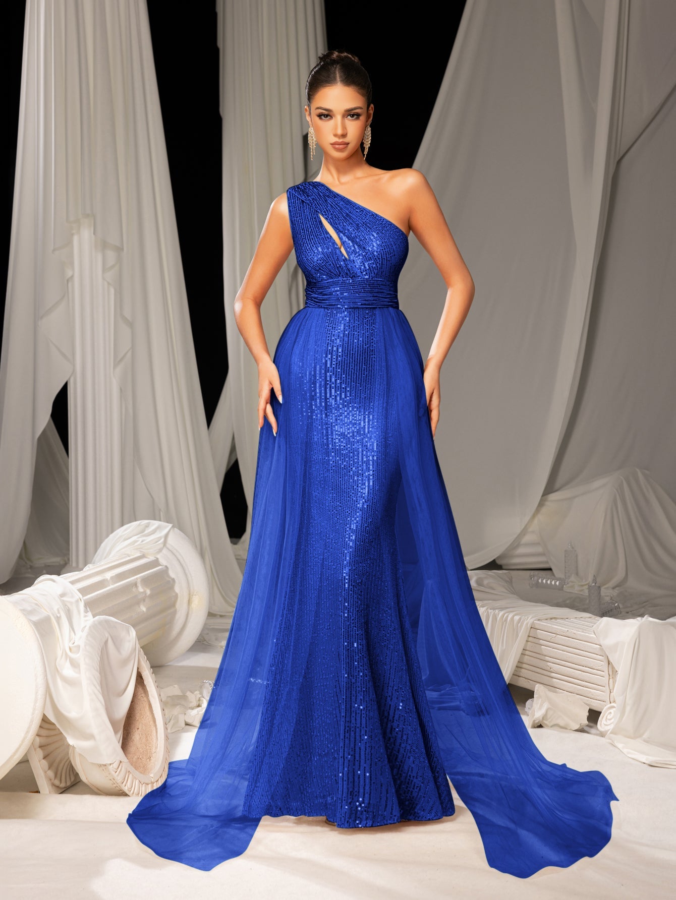 Alternate view of Mesh Overlay One-Shoulder Sequin Mermaid Sleeveless Evening Gown in Royal Blue
