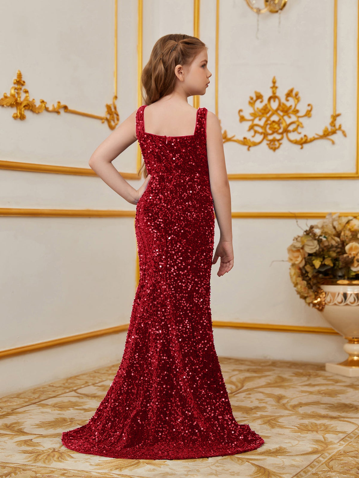 Additional product view of Mermaid Hem Square-Neck Sequin Sleeveless Maxi Tween Girls' Party Dress