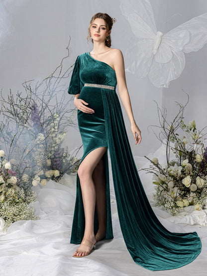 Maternity One-Shoulder Velvet Puff-Sleeve Mermaid Evening Gown — authorized product image 4