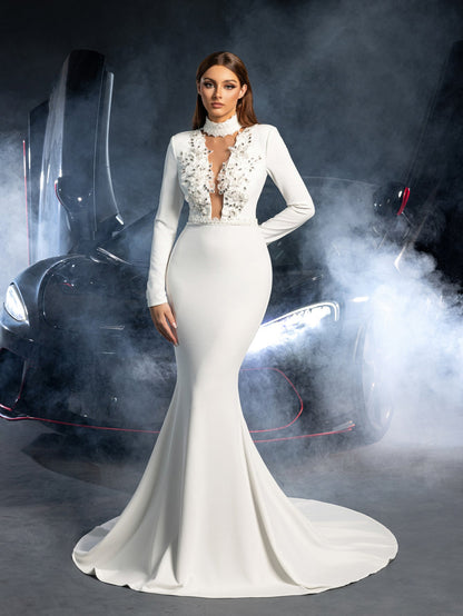 Additional product view of Mermaid Hem Knit Mock-Neck Long-Sleeve Appliqué Wedding Dress