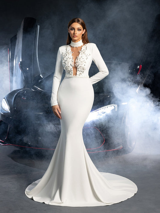 Additional product view of Mermaid Hem Knit Mock-Neck Long-Sleeve Appliqué Wedding Dress