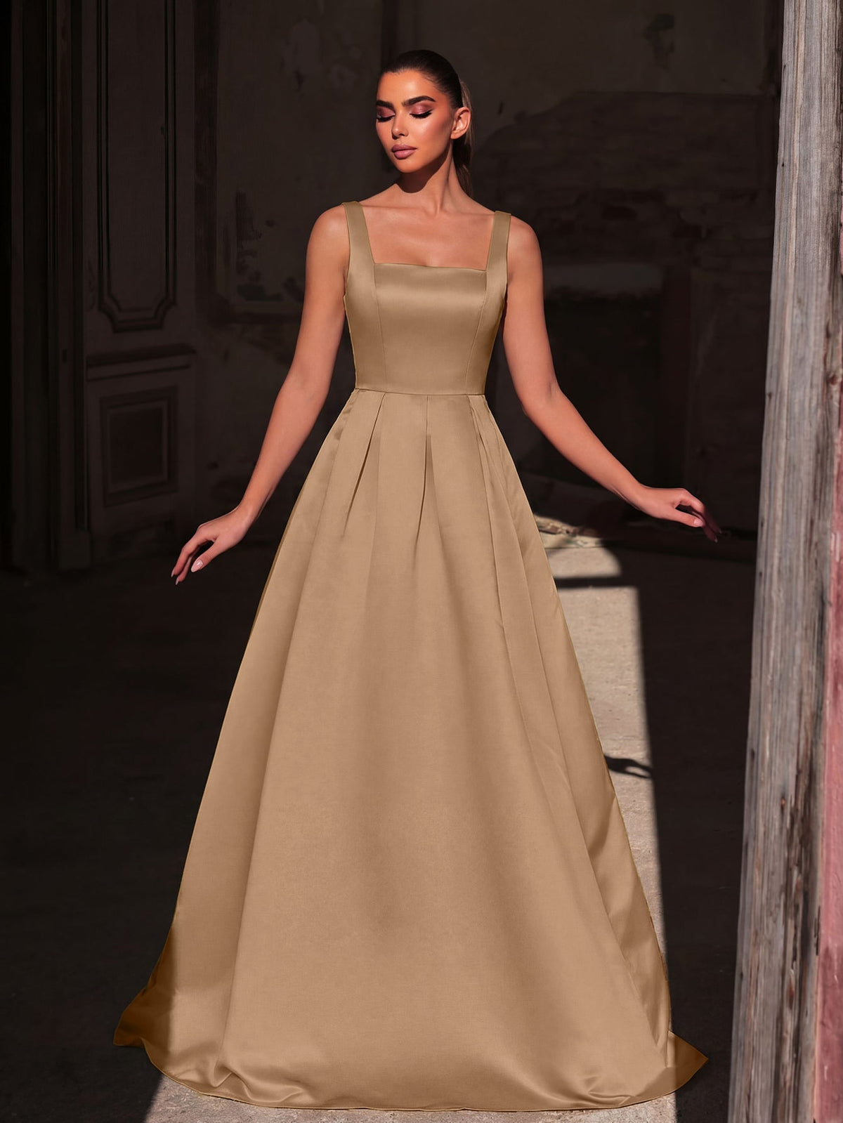 Alternate view of Lace-Up Back Square-Neck A-Line Sleeveless Maxi Evening Gown in Champagne