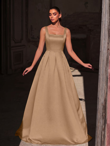 Alternate view of Lace-Up Back Square-Neck A-Line Sleeveless Maxi Evening Gown in Champagne