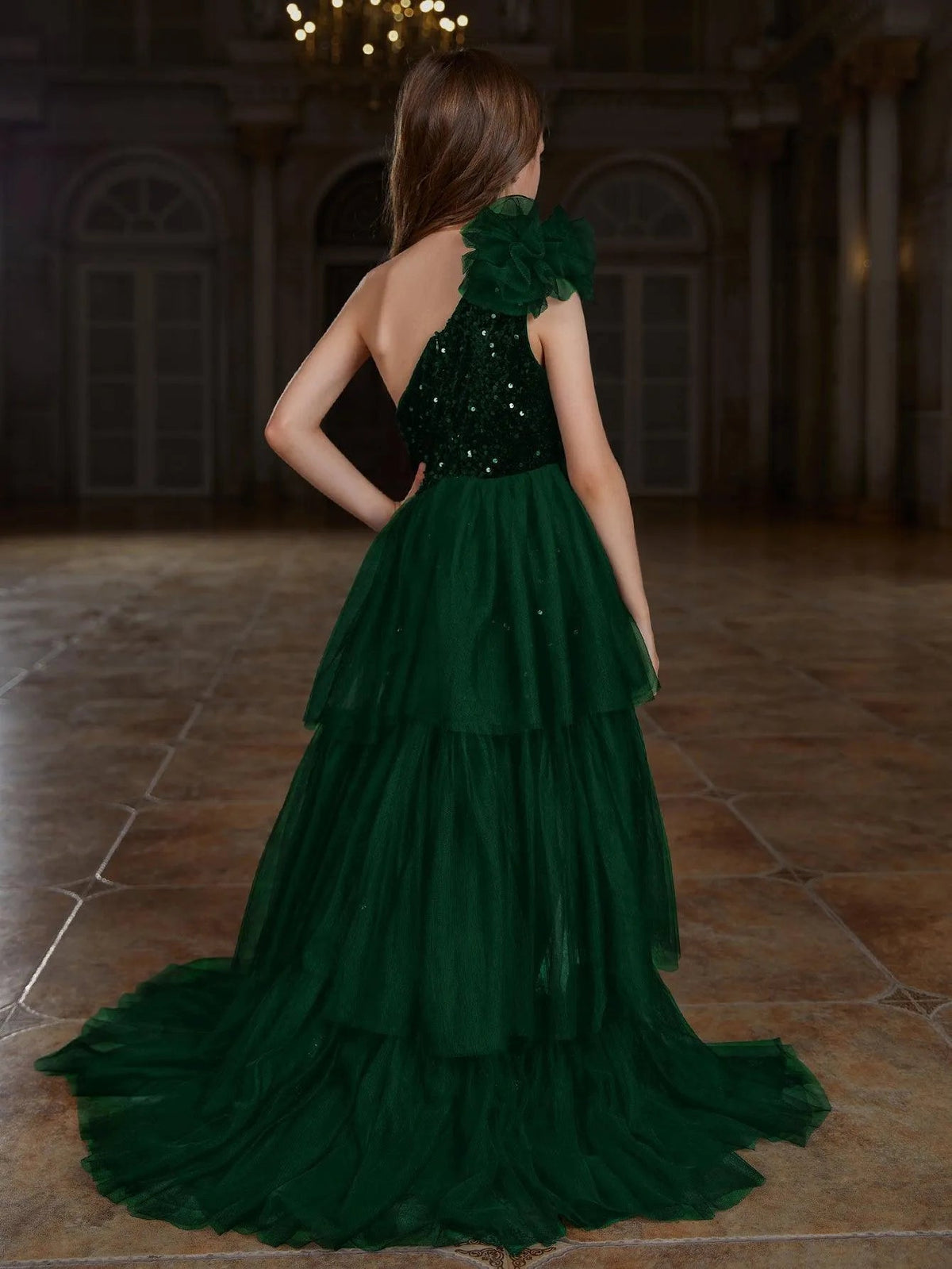 Additional product view of Layered Hem One-Shoulder Sequin A-Line Sleeveless Tween Girls' Party Dress