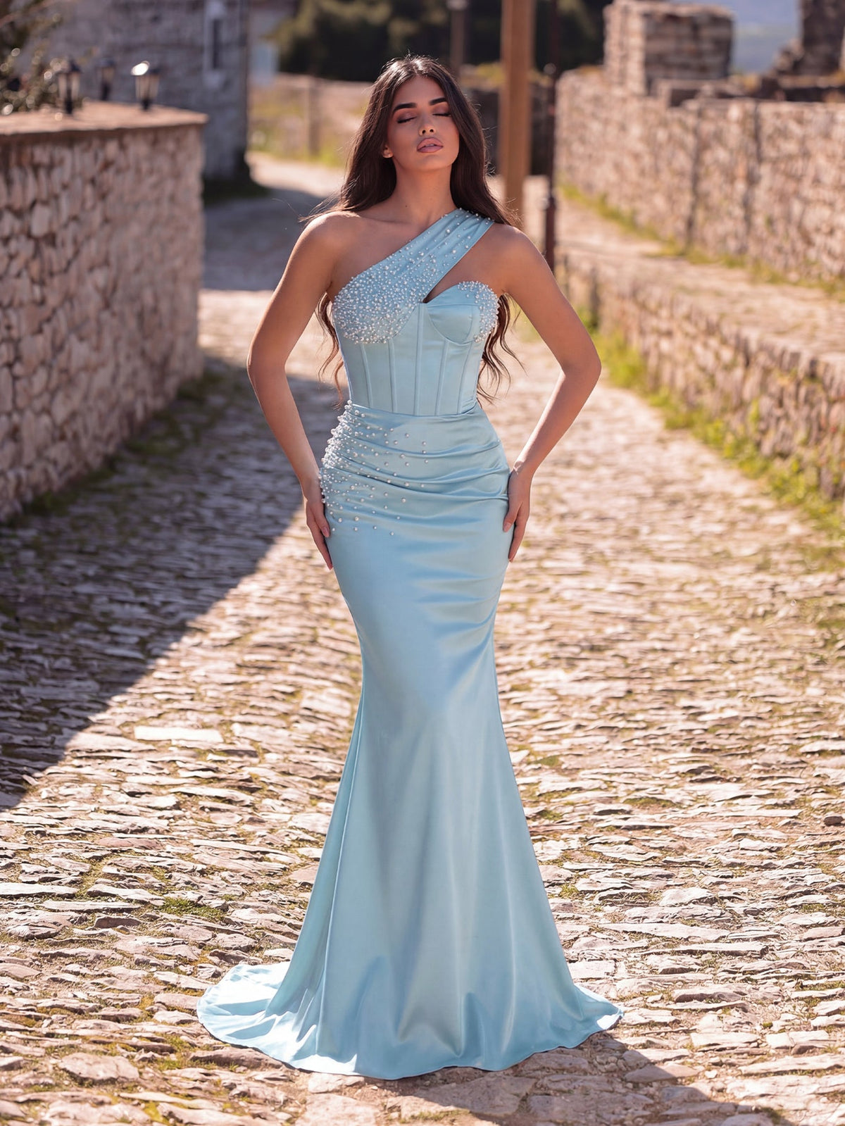 Elegant One Shoulder Mermaid Hem Satin Evening Dress with Pearl Accents