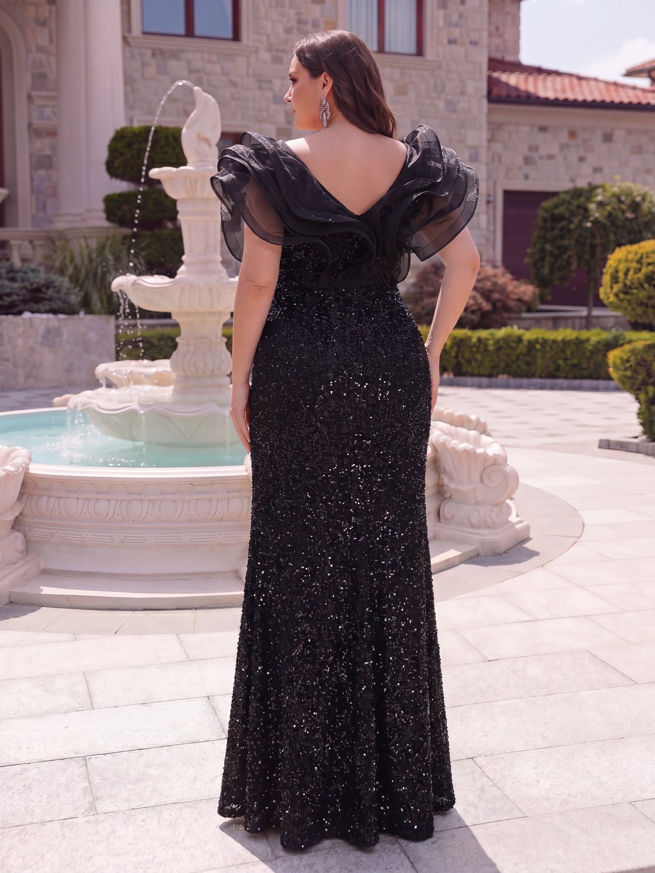 Plus Mesh Insert Ruffle Trim Split Sequin Prom Dress – view 6