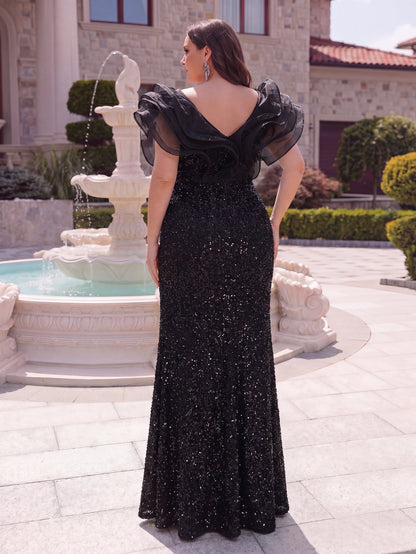 Plus Mesh Insert Ruffle Trim Split Sequin Prom Dress – view 6