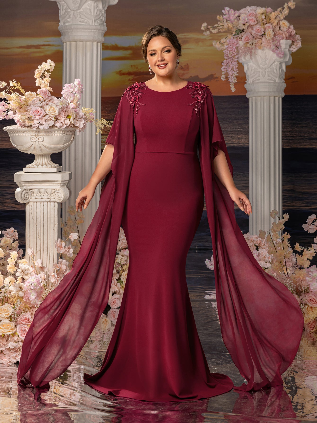 Additional product view of Floral Appliqué Plus-Size Chiffon Long-Sleeve Mermaid Mother-of-the-Bride Dress