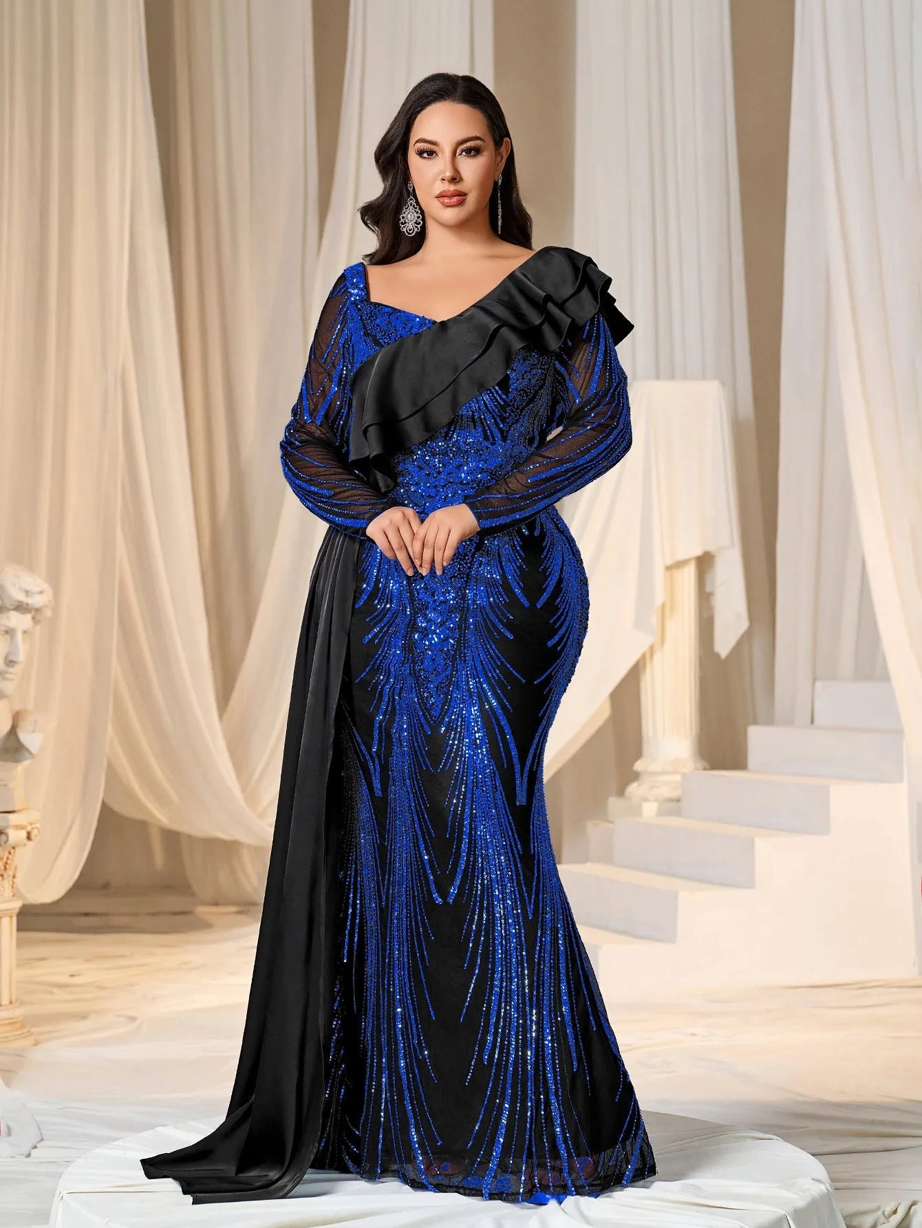 Plus Asymmetrical Ruffle Trim Mermaid Hem Graphic Sequin Formal Dress Evening Dress