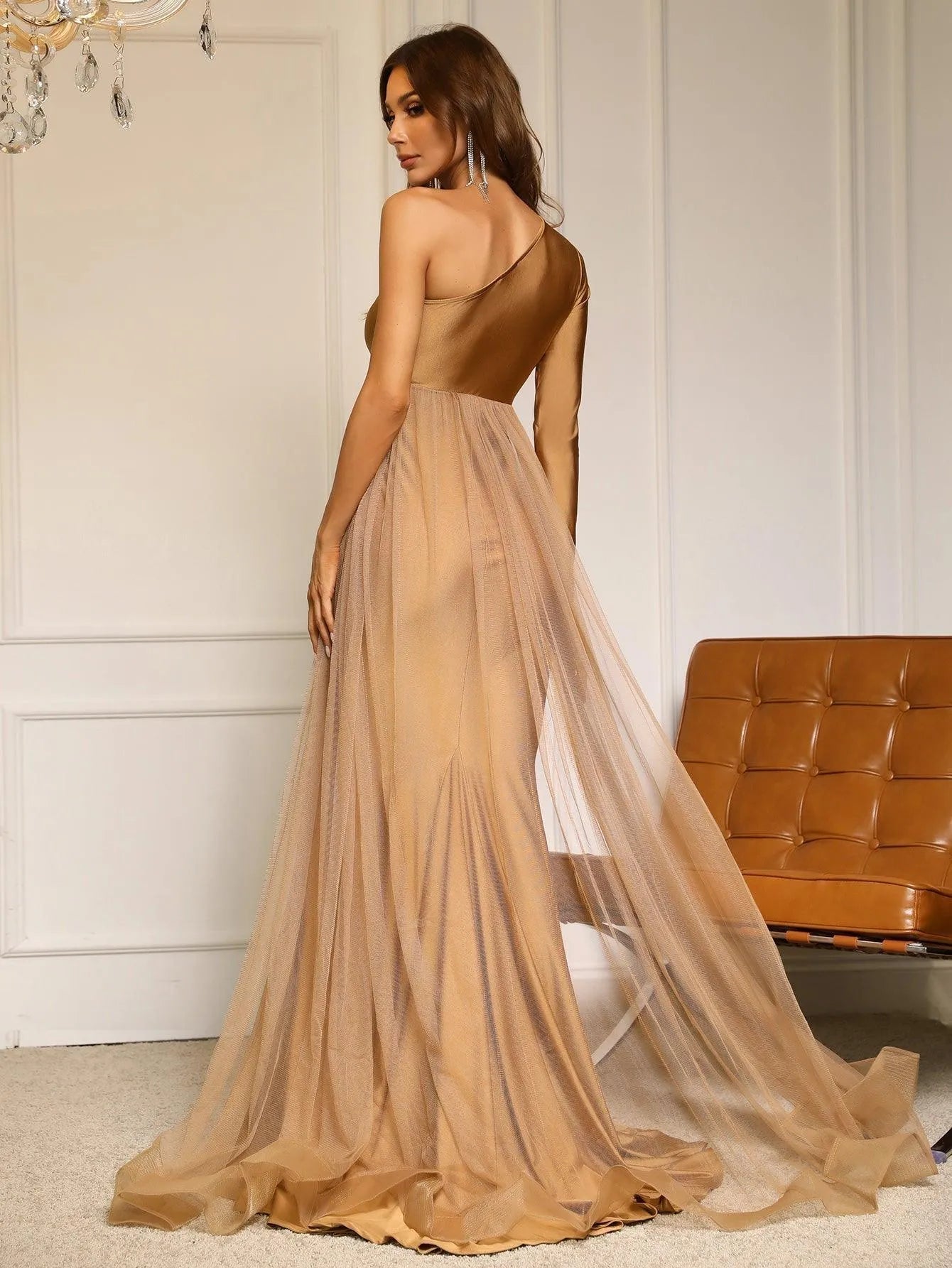 Additional product view of Contrast Mesh One-Shoulder Knit Cutout Mermaid Evening Gown