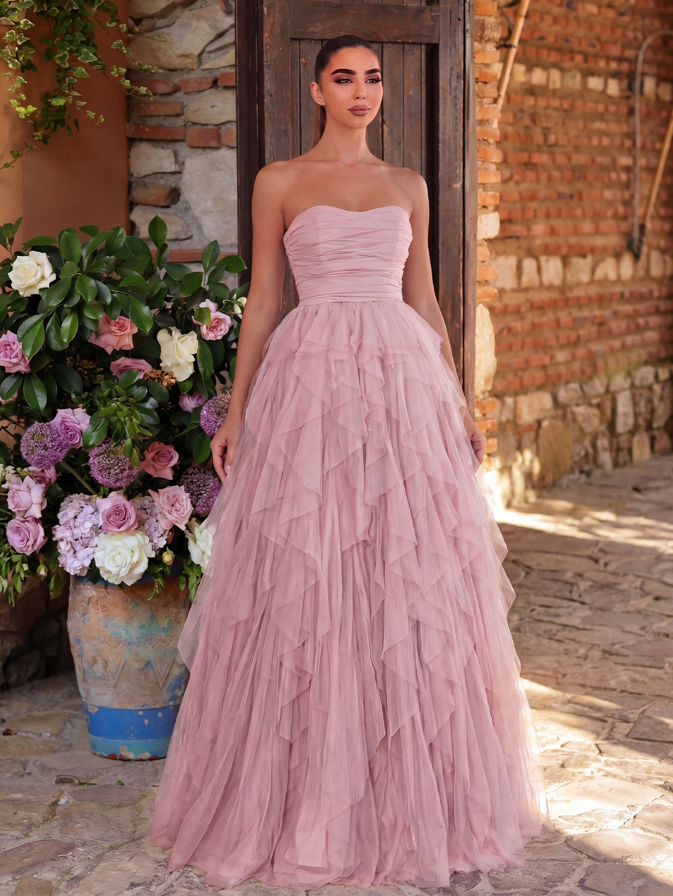 Elegant Strapless Mesh Overlay Formal Party Dress