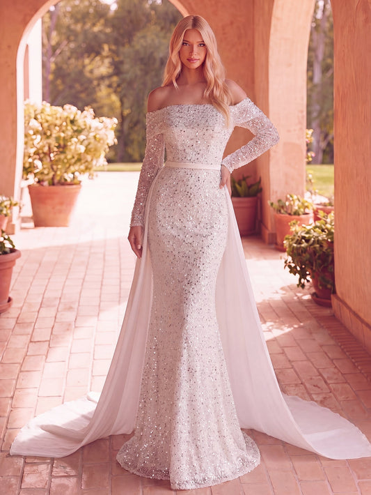 Mermaid Hem Satin Off-Shoulder Long-Sleeve Sequin Wedding Dress in White