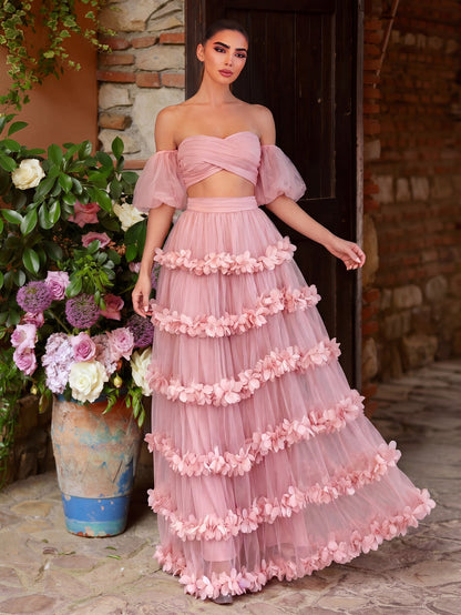 Off Shoulder Puff Sleeve Crop Top & Frill Trim Mesh Skirt – authorized supplier view 2