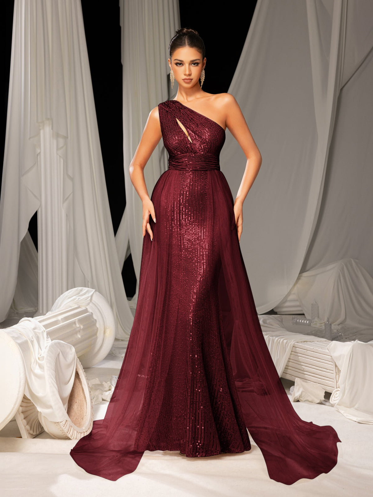 Alternate view of Mesh Overlay One-Shoulder Sequin Mermaid Sleeveless Evening Gown in Burgundy