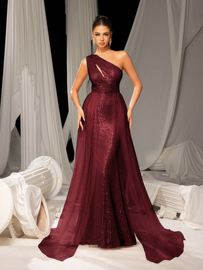 Alternate view of Mesh Overlay One-Shoulder Sequin Mermaid Sleeveless Evening Gown in Burgundy
