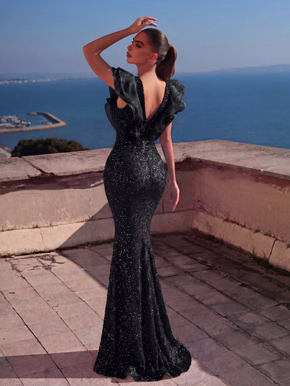 Mesh Insert Ruffle Trim Split Sequin Mermaid Dress