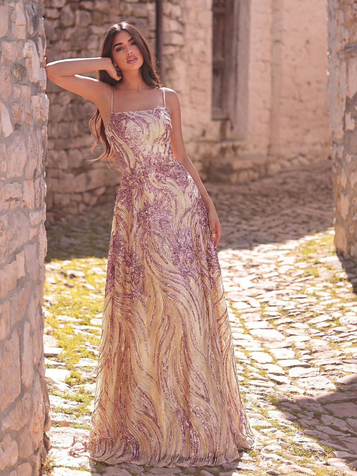 Elegant Spaghetti Straps Graphic Sequin Formal Prom Dress