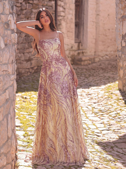 Elegant Spaghetti Straps Graphic Sequin Formal Prom Dress