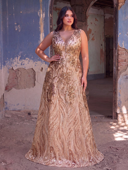 Plus Floral Sequin V Neck Sleeveless A-Line Formal Dress