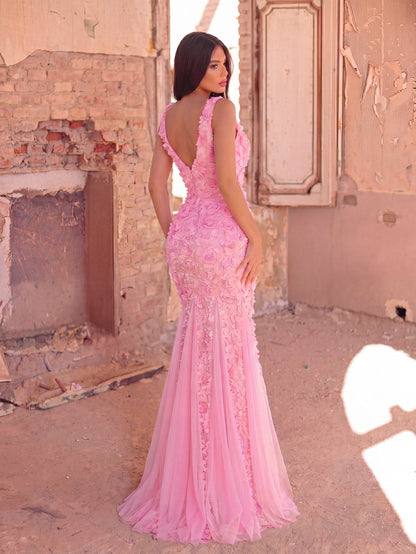 3D Floral Appliqué Tulle Maxi Dress | Halter Neck Mermaid Silhouette with Open Back & High Leg Slit | Evening Gown for Weddings, Parties, Prom