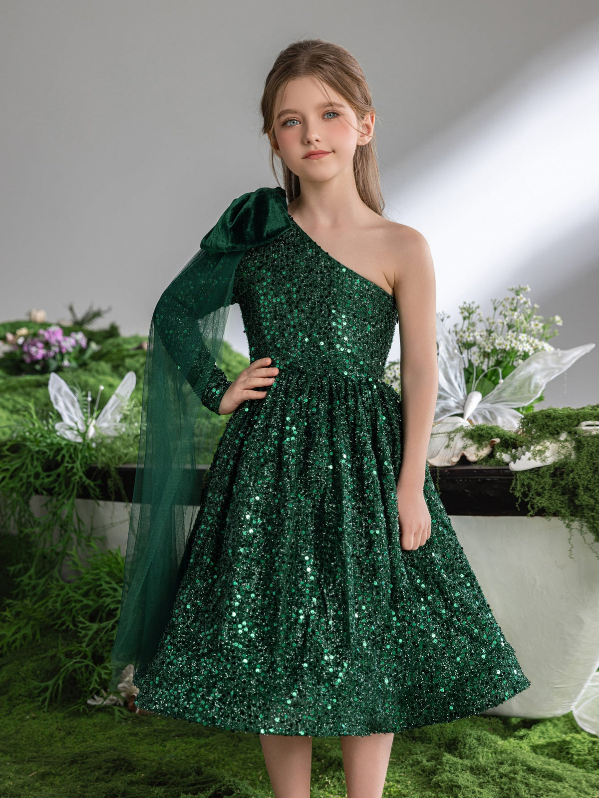 Bow Detail One-Shoulder Sequin A-Line Midi Tween Girls' Party Dress in Dark Green