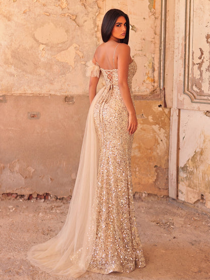 One-Shoulder Sequin Beaded Sleeveless Mermaid Evening Gown — authorized product image 2