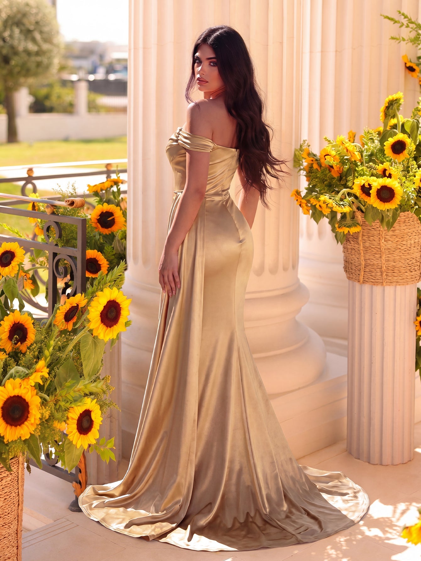 Elegant Satin Off-Shoulder Mermaid Gown | Sculpted Ruching & High Thigh Slit – view 7