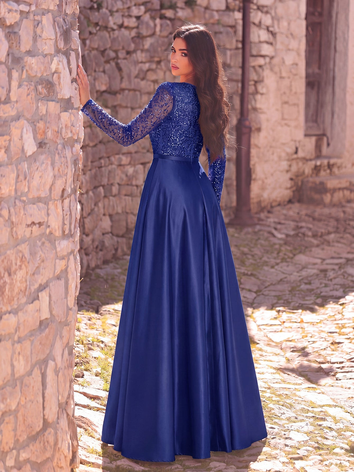 Elegant V-Neck Long Sleeve Evening Gown with Puffed Sleeve Detailing, Sequin Beaded Embellishments, Thin Waist Belt & Satin A-Line Skirt | Elegant Formal Dress for Special Occasions