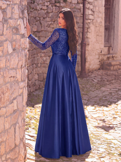 Elegant V-Neck Long Sleeve Evening Gown with Puffed Sleeve Detailing, Sequin Beaded Embellishments, Thin Waist Belt & Satin A-Line Skirt | Elegant Formal Dress for Special Occasions