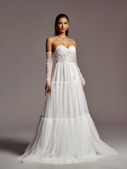 Elegant Lace Corset Bodice Sheer Sleeves A-line Tulle Wedding Dress – view 8