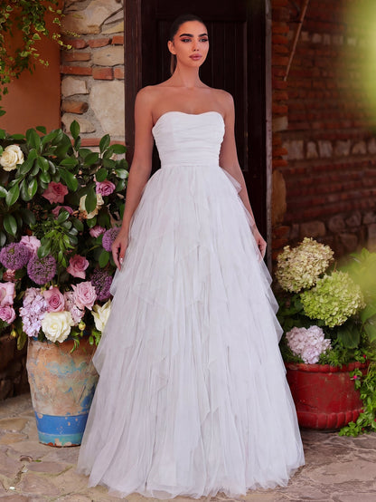 Elegant Strapless Mesh Overlay Formal Party Dress