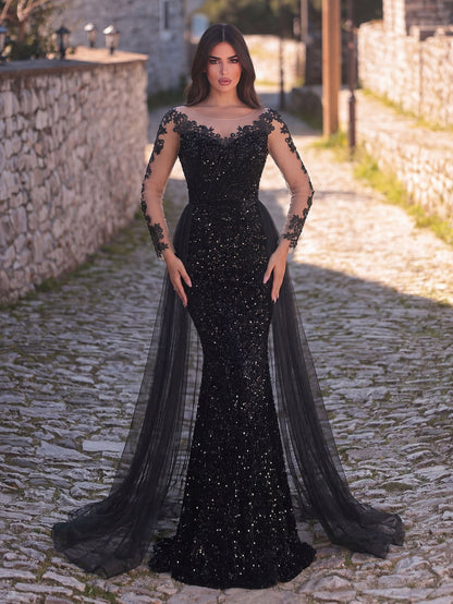 Round Neck Sequin Tulle Long-Sleeve Mermaid Evening Gown in Black