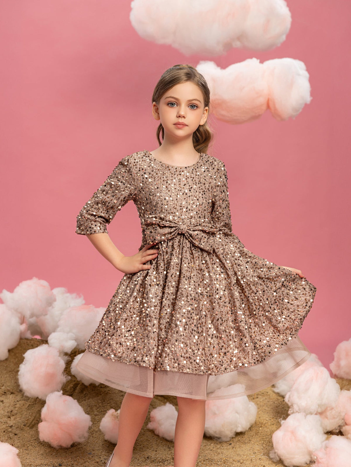 Additional product view of Three-Quarter-Sleeve Bow Detail Sequin A-Line Midi Tween Girls' Party Dress