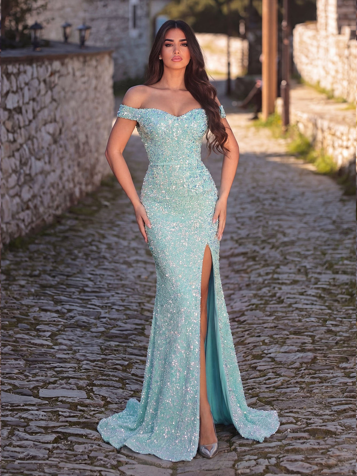 Alternate view of High-Slit Off-Shoulder Sequin Mermaid Short-Sleeve Evening Gown in Mint