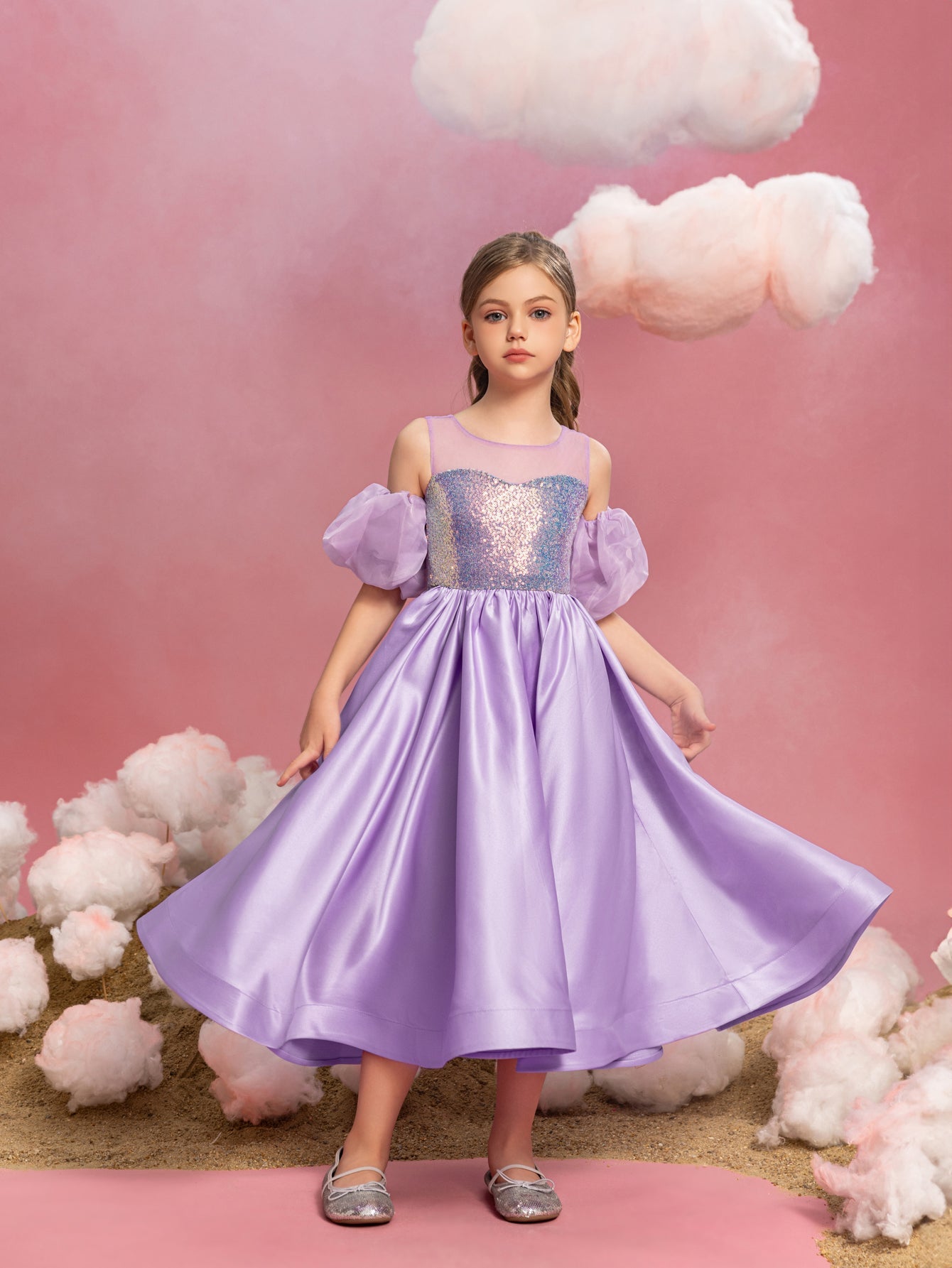 Puff-Sleeve Sequin A-Line Satin Midi Tween Girls' Party Dress in Purple